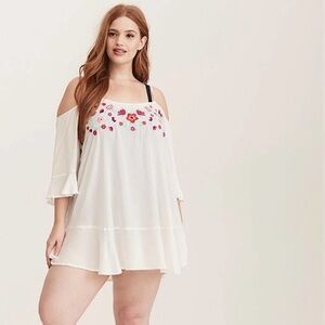 Torrid Embroidered Floral Cold Shoulder Swim Coverup Tunic Ivory Large / 12 / 0